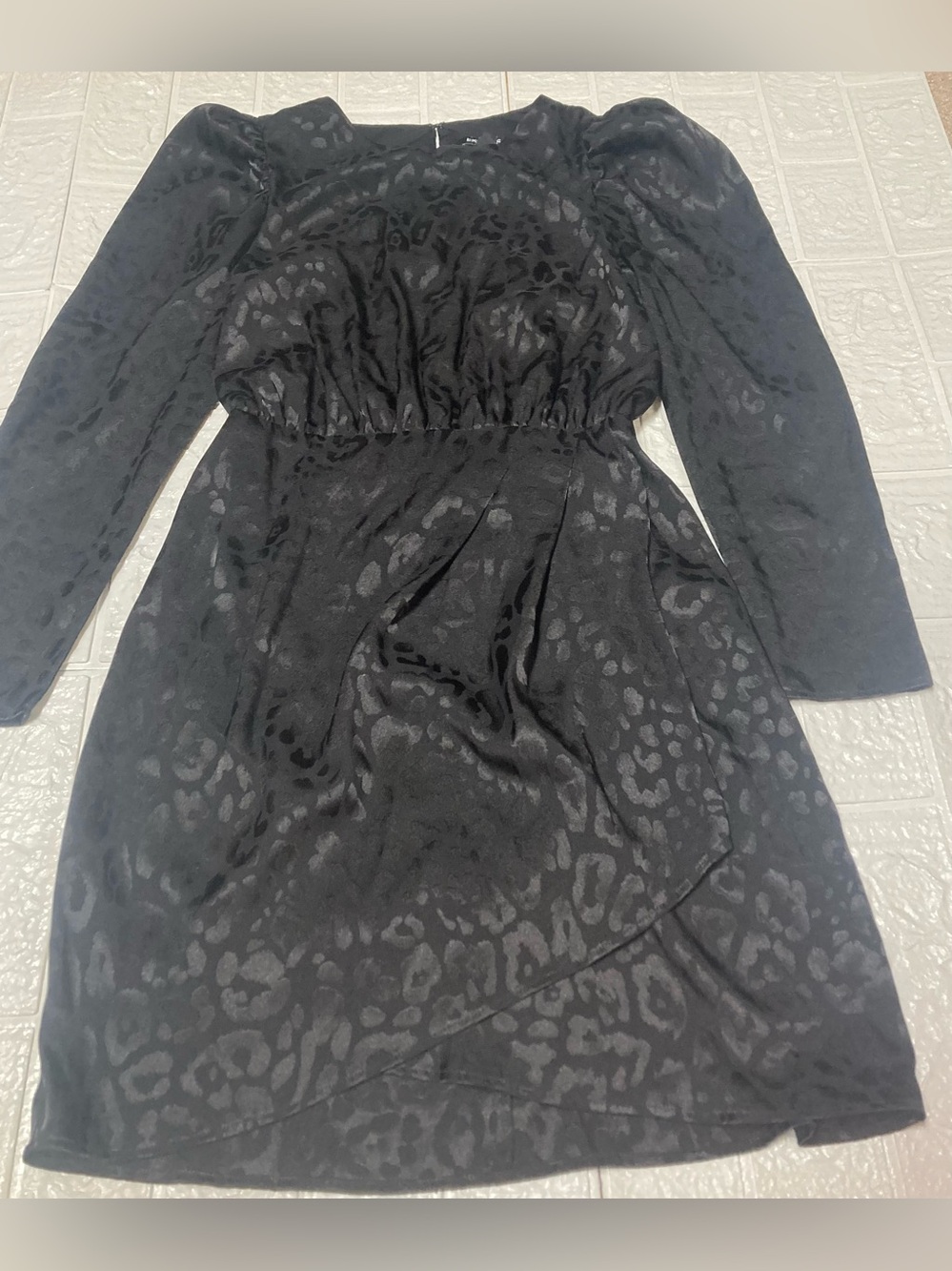 Express Black Leopard Jacquard Long Sleeve faux wrap Dress empire